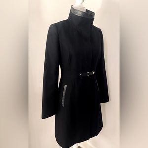 Via Spiga funnel collar wool blend coat with faux leather trim